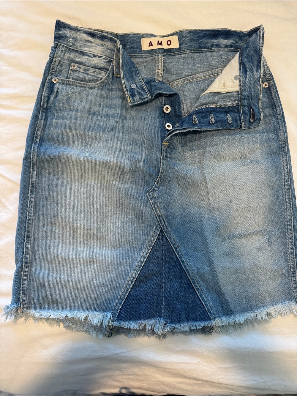 AMO Light Blue Distressed Denim Mini Skirt with Frayed Hem